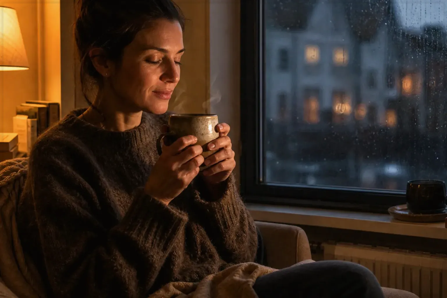 Eine Frau genießt an einem regnerischen Abend ruhig eine warme Tasse Kaffee am Fenster – gezeigt für Siemens im Markenprofil.