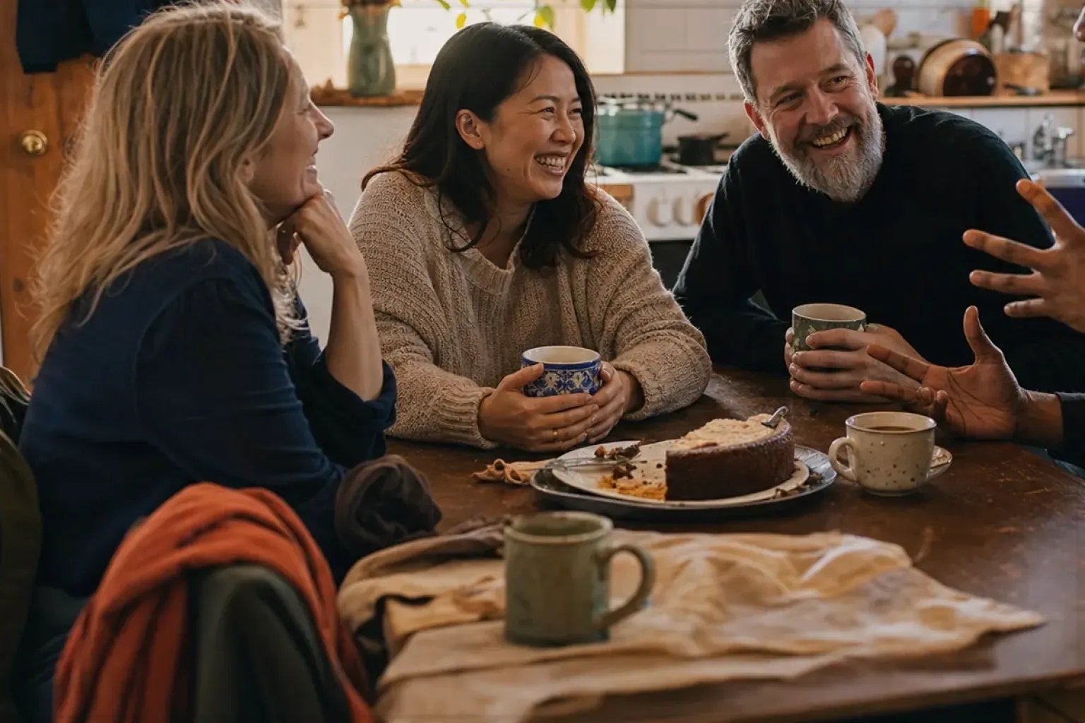Vier erwachsene Freunde verschiedener Altersgruppen lachen gemeinsam bei Kaffee und selbst gebackenem Kuchen – gezeigt für Siemens im Markenprofil.