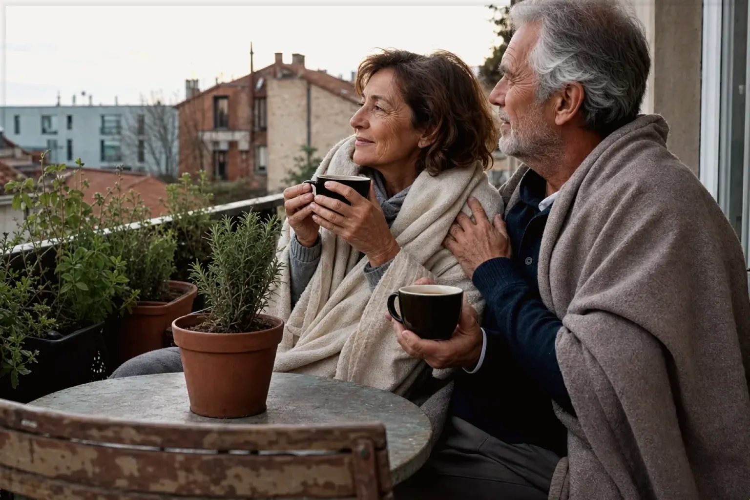 Ein älteres Paar teilt am frühen Morgen Kaffee auf einem kleinen Balkon – gezeigt für Siemens im Markenprofil.
