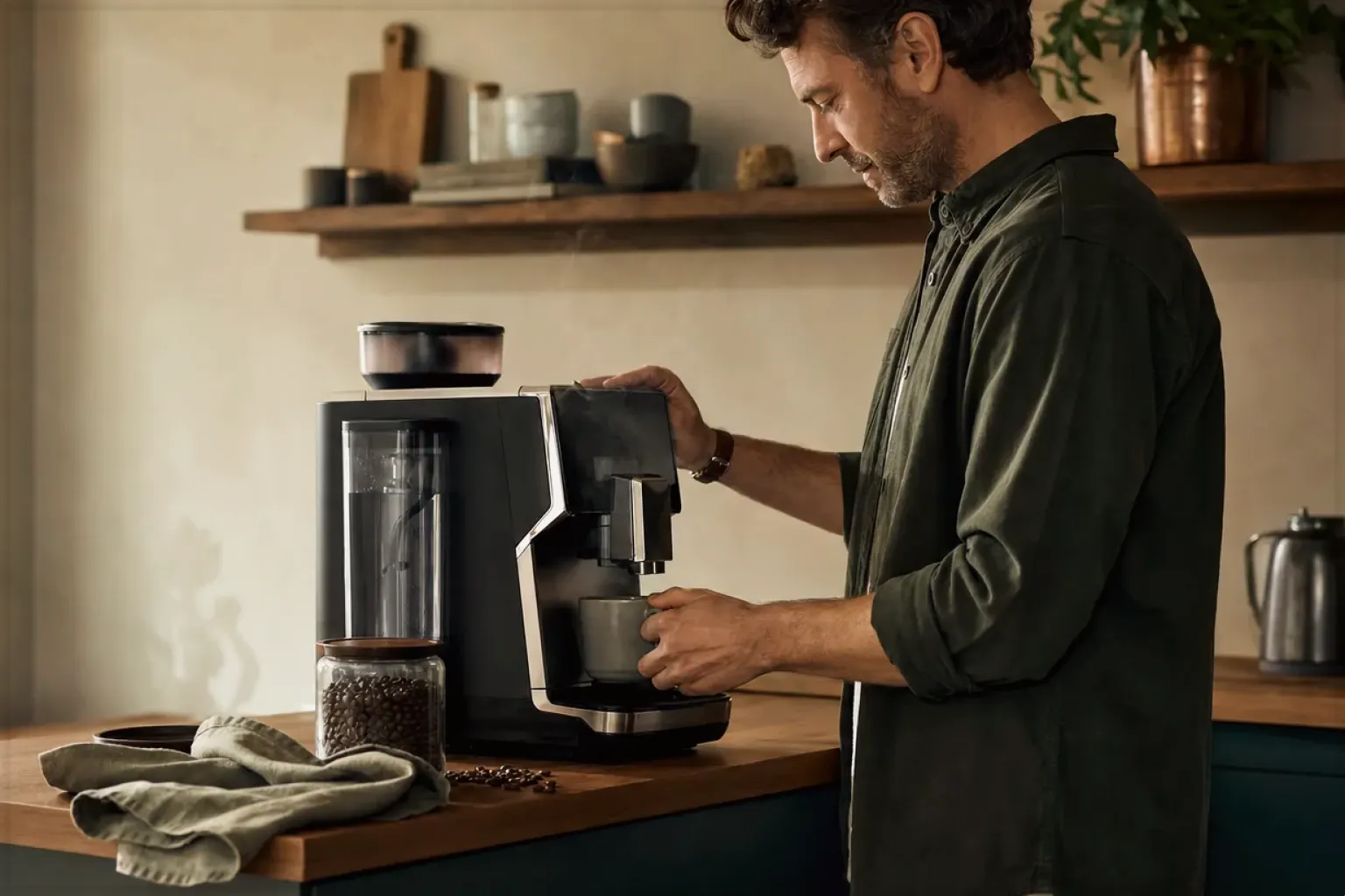 Ein Mann bereitet morgens Kaffee in seiner Küche zu – gezeigt für Siemens im Markenprofil.