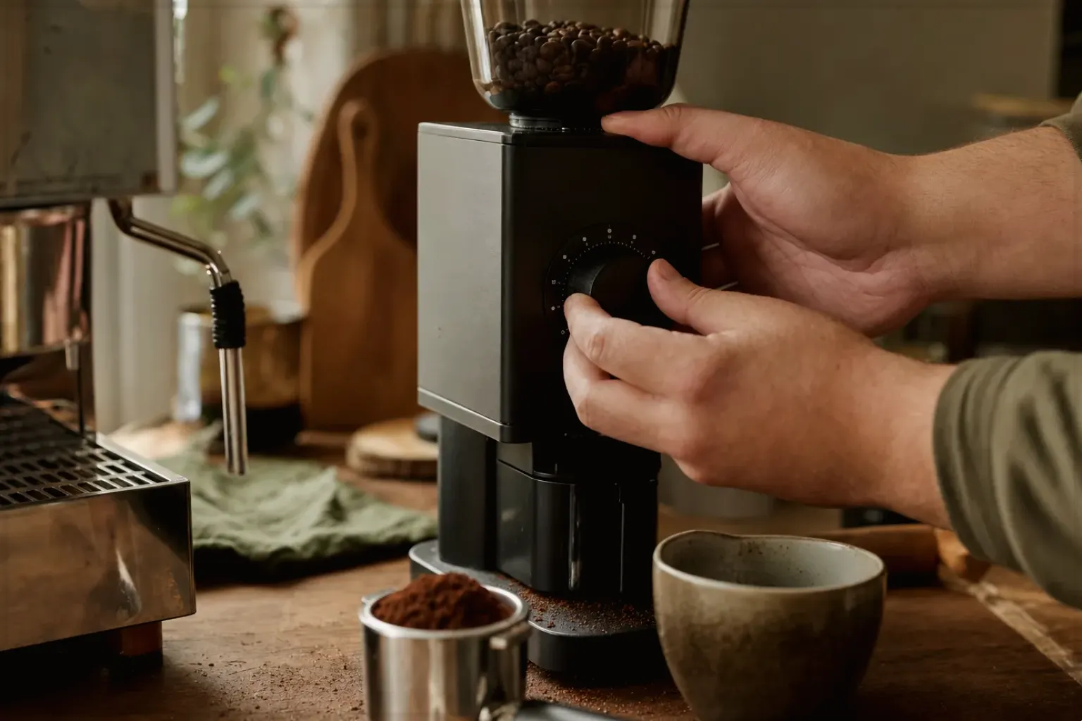 Zwei Hände stellen den Mahlgrad an einer Kaffeemühle neben einer Espressomaschine ein – gezeigt für Siemens im Markenprofil.