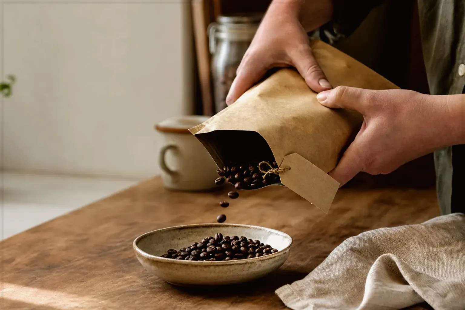 Hände füllen frisch geröstete Kaffeebohnen aus einer Papiertüte in eine Keramikschale – gezeigt für Siemens im Markenprofil.