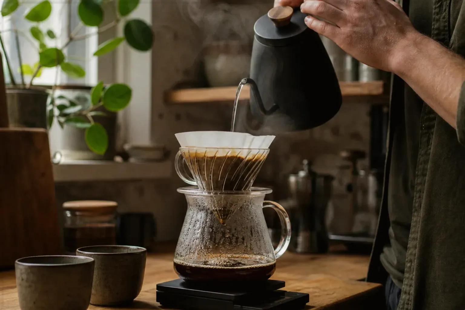Filterkaffee wird mit einem Schwanenhalskessel von Hand in einer Küche aufgegossen – gezeigt für Siemens im Markenprofil.