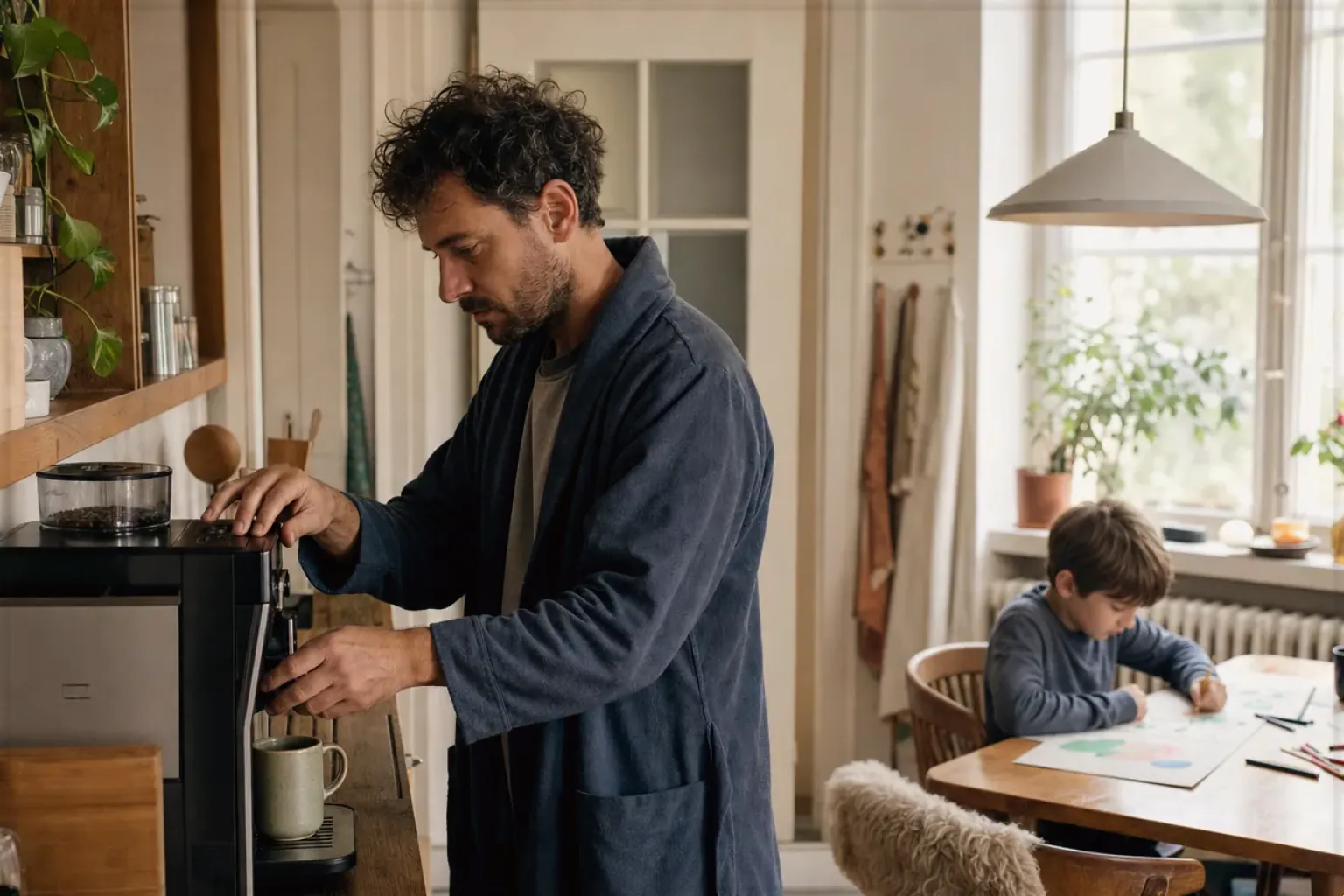 Ein Vater bereitet morgens Kaffee zu, während sein Kind am Küchentisch malt – gezeigt für Siemens im Markenprofil.