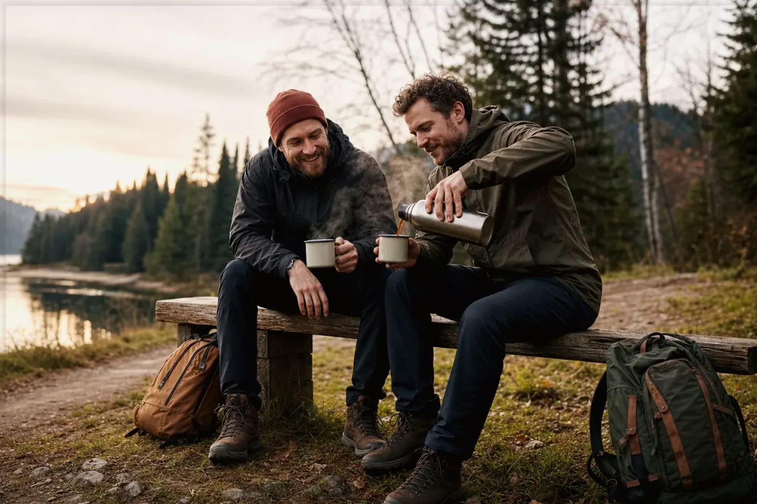 Zwei Freunde teilen auf einer Wanderung heißen Kaffee aus einer Thermoskanne am See – gezeigt für Siemens im Markenprofil.