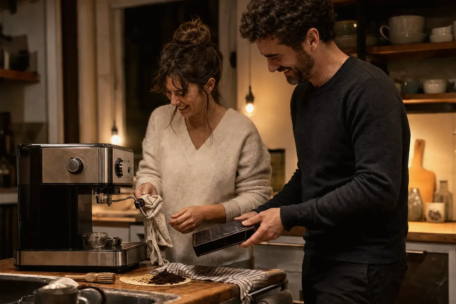 Ein Paar reinigt am Abend gemeinsam und gut gelaunt seine Espressomaschine in der Küche – gezeigt für Siemens im Markenprofil.