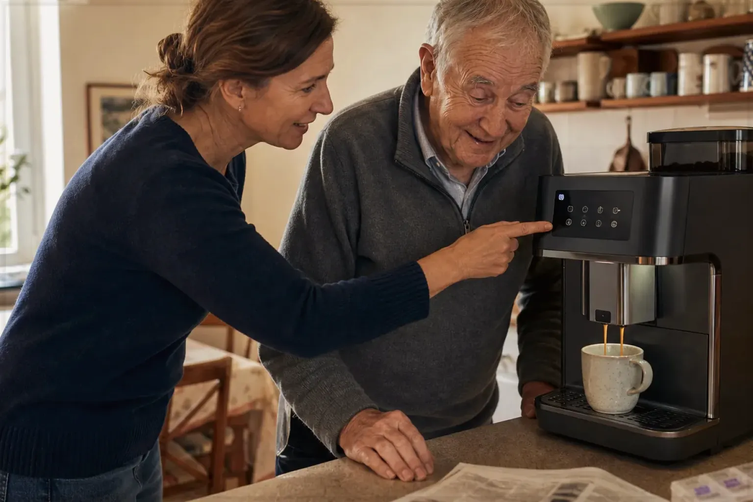 Eine erwachsene Tochter erklärt ihrem Vater verständlich die Bedienung eines Kaffeevollautomaten.