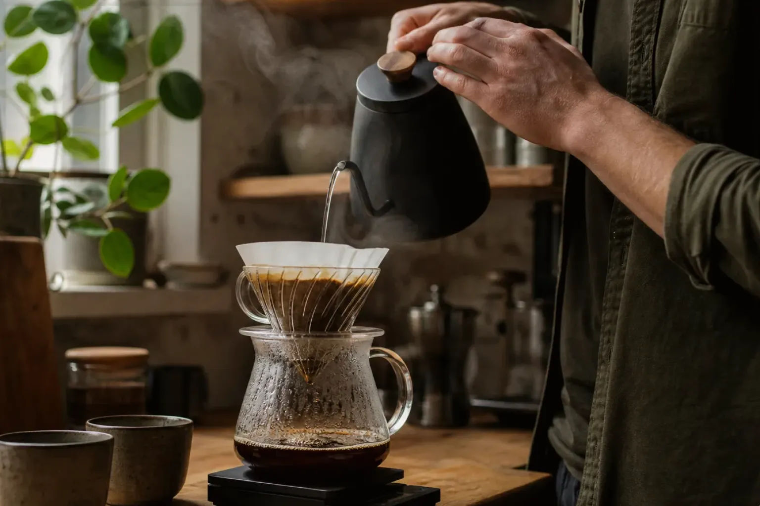 Filterkaffee wird mit einem Schwanenhalskessel von Hand in einer Küche aufgegossen – gezeigt für AeroPress im Themenvergleich.