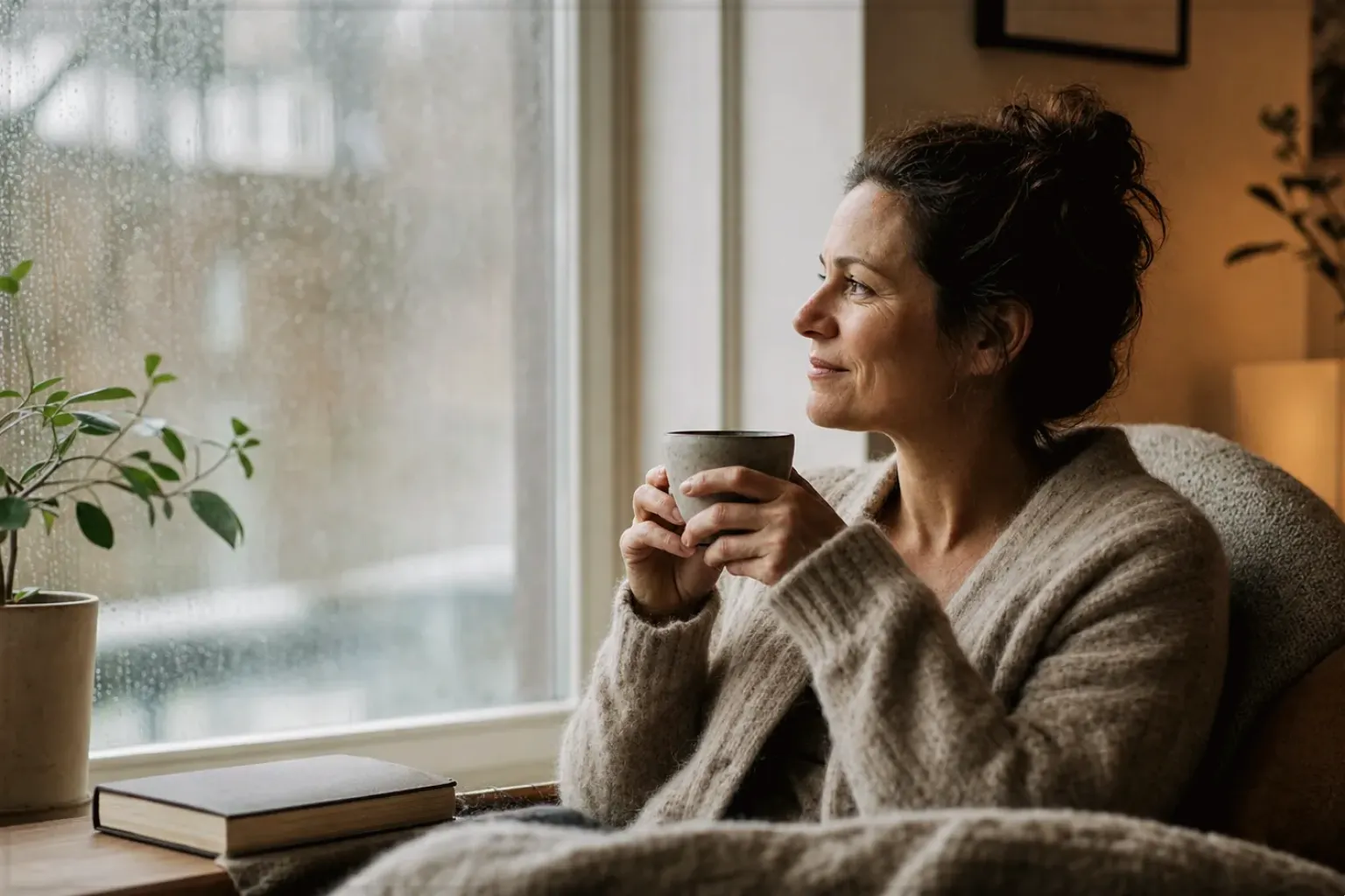 Eine Frau genießt an einem regnerischen Nachmittag ruhig eine Tasse Kaffee am Fenster – gezeigt für AeroPress im Themenvergleich.