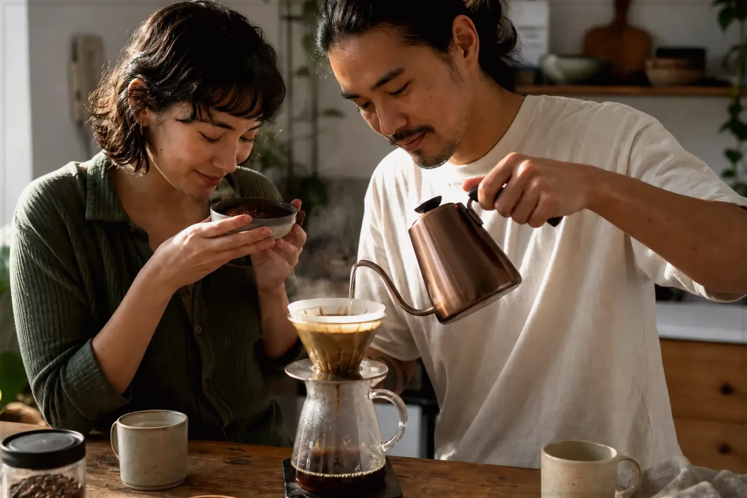 Zwei Menschen bereiten am Wochenende gemeinsam Filterkaffee mit einem Handfilter zu – gezeigt für AeroPress im Themenvergleich.