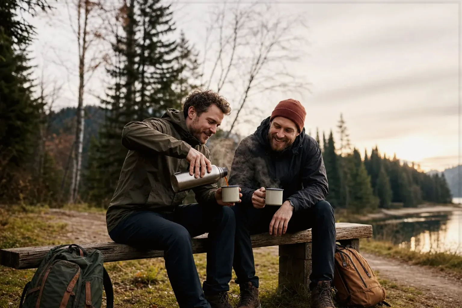 Zwei Freunde teilen auf einer Wanderung heißen Kaffee aus einer Thermoskanne am See – gezeigt für AeroPress im Themenvergleich.