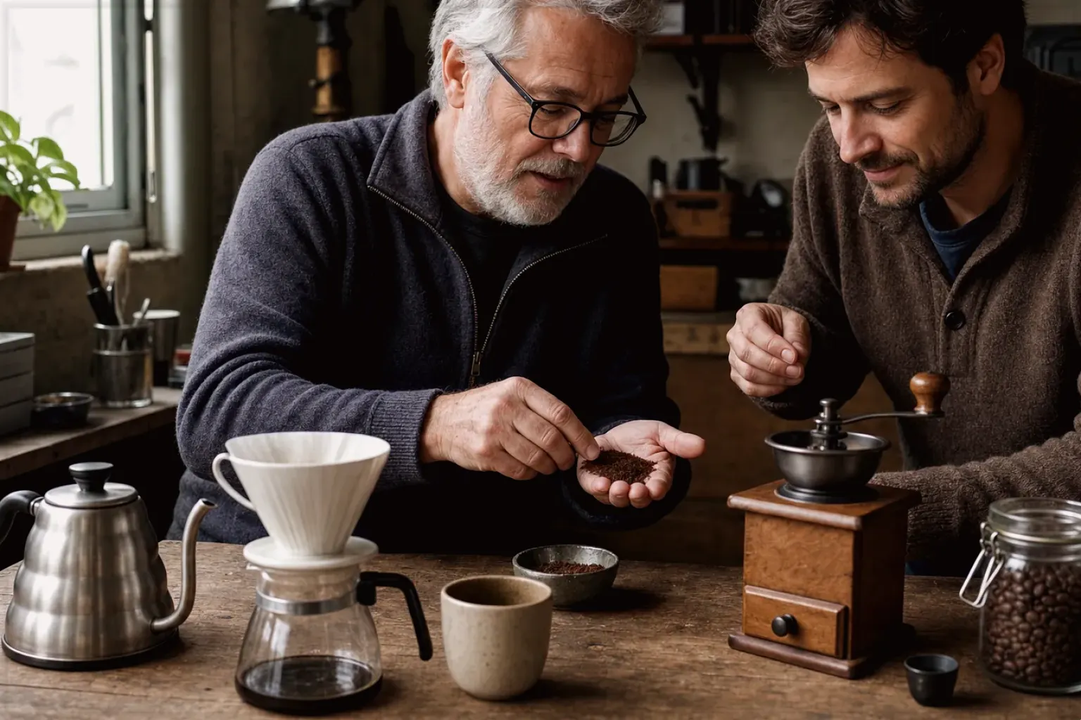 Ein älterer Kaffeeliebhaber zeigt einem jüngeren Erwachsenen gemahlenen Kaffee neben Handmühle und Filter – gezeigt für AeroPress im Themenvergleich.