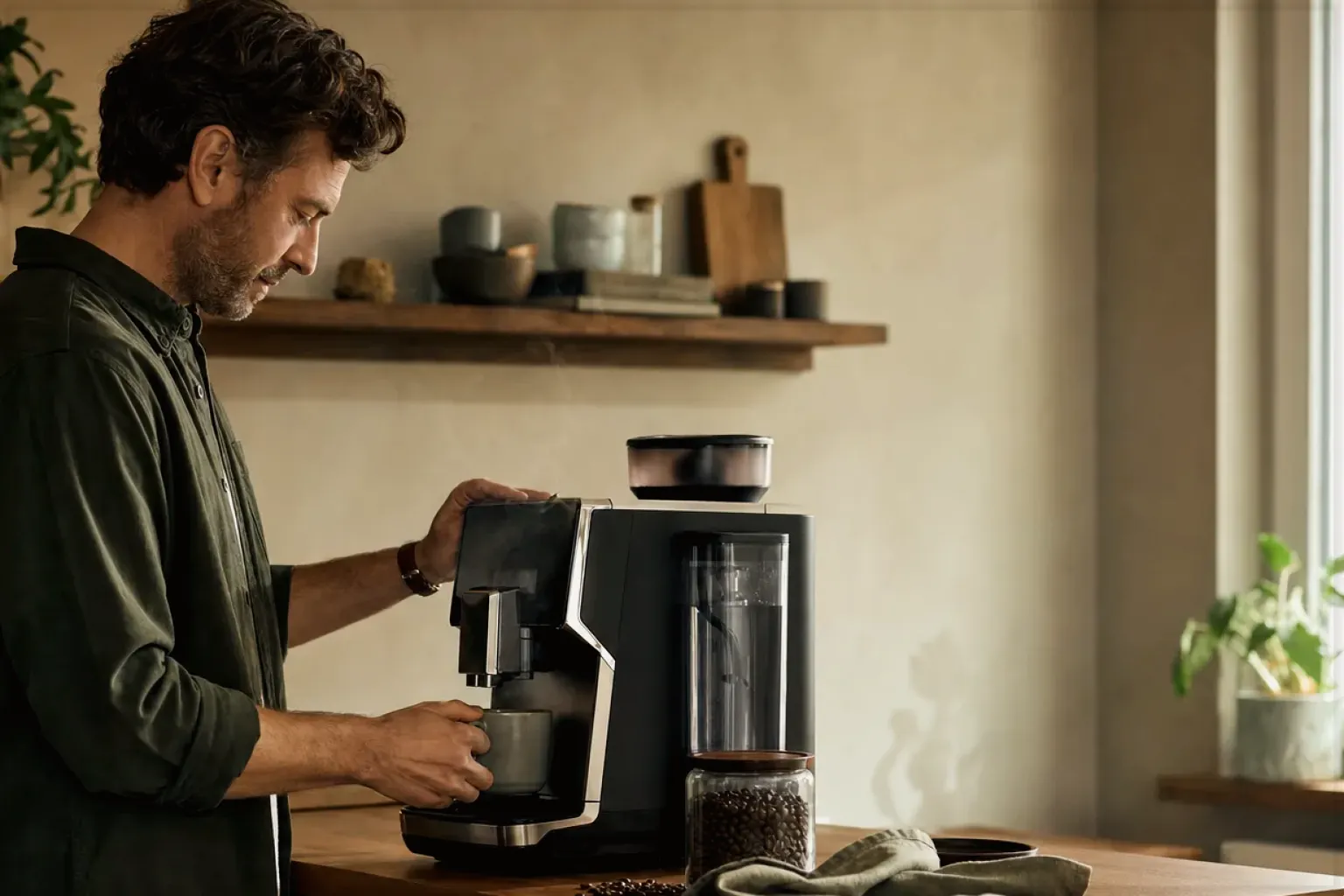 Ein Mann bereitet morgens Kaffee in seiner Küche zu – gezeigt für AeroPress im Themenvergleich.