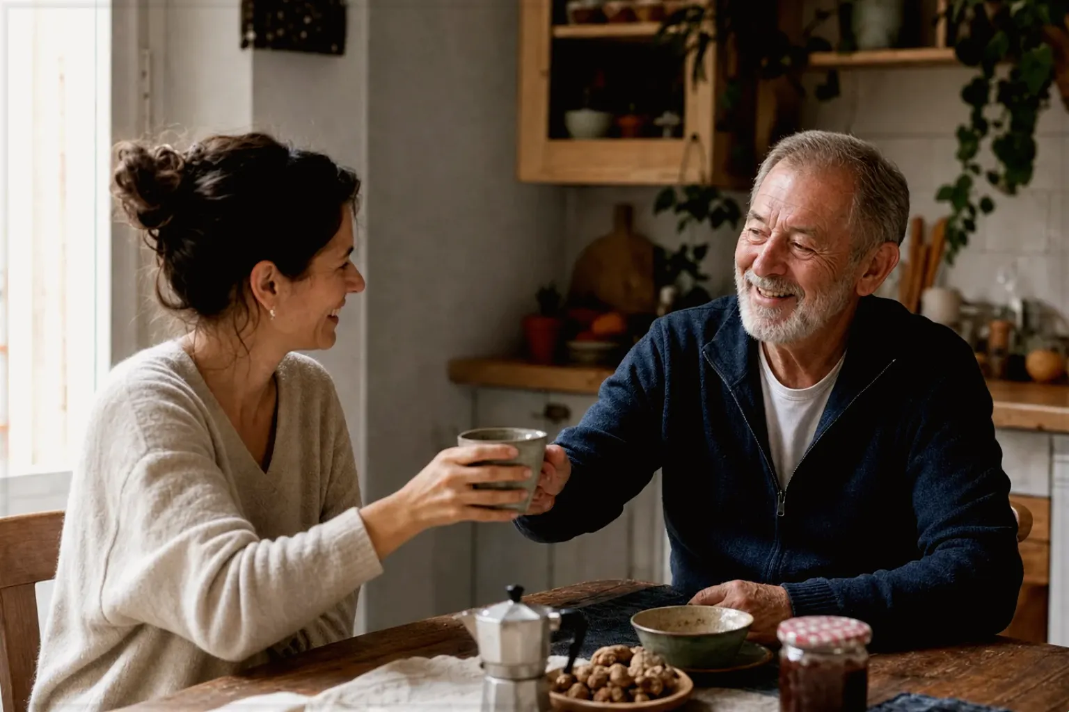 Eine erwachsene Tochter und ihr älterer Vater lachen gemeinsam beim Kaffee in ihrer Küche – gezeigt für AeroPress im Themenvergleich.