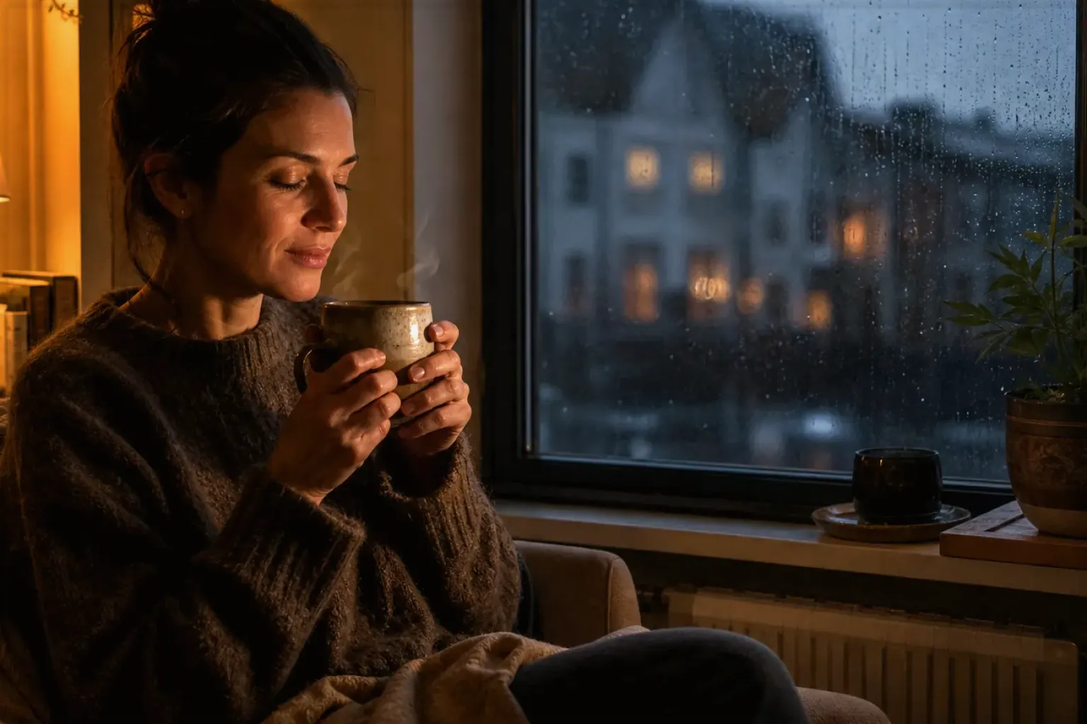 Eine Frau genießt an einem regnerischen Abend ruhig eine warme Tasse Kaffee am Fenster – gezeigt für AeroPress im Themenvergleich.