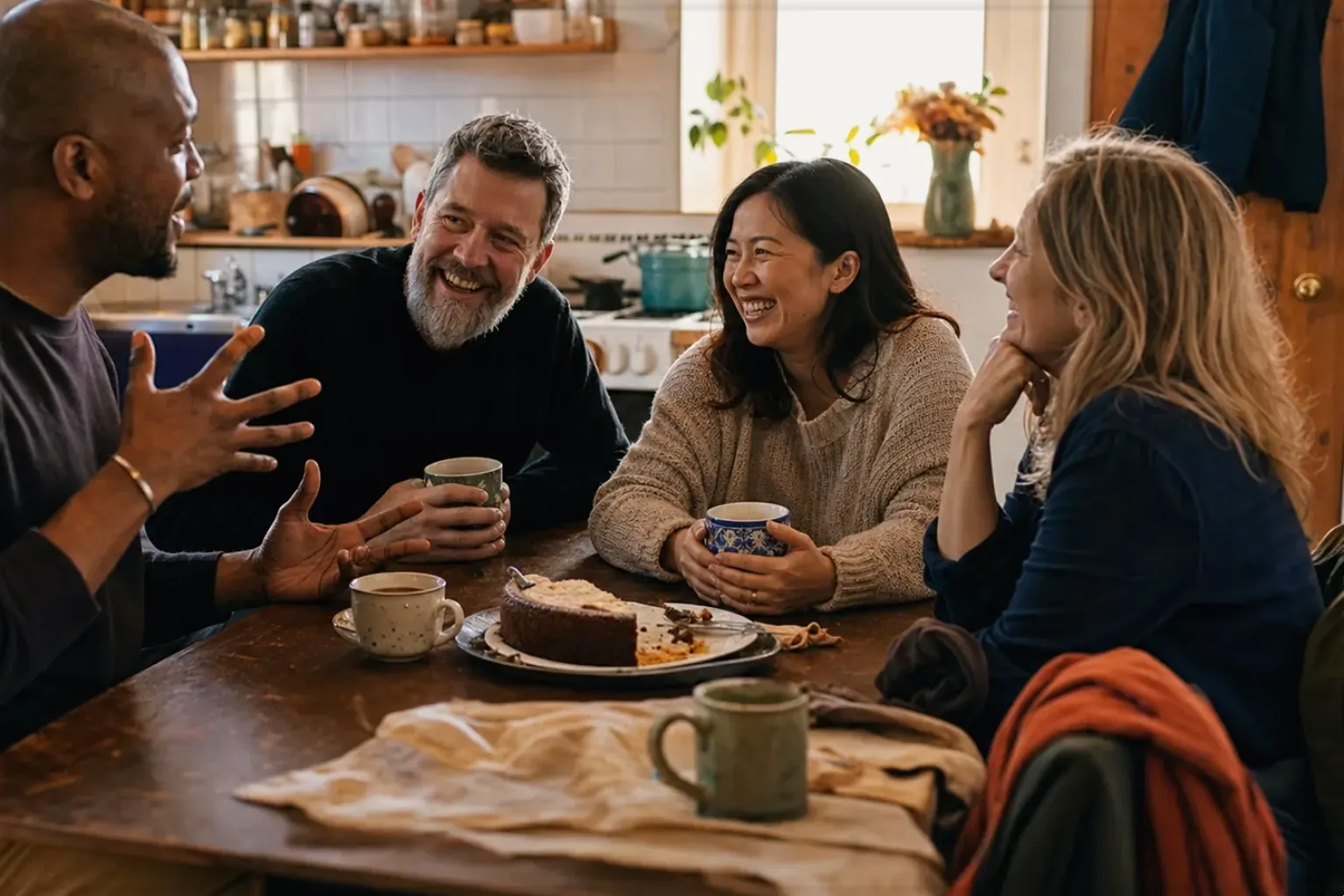 Vier erwachsene Freunde lachen gemeinsam bei Kaffee und selbst gebackenem Kuchen – gezeigt für AeroPress im Themenvergleich.