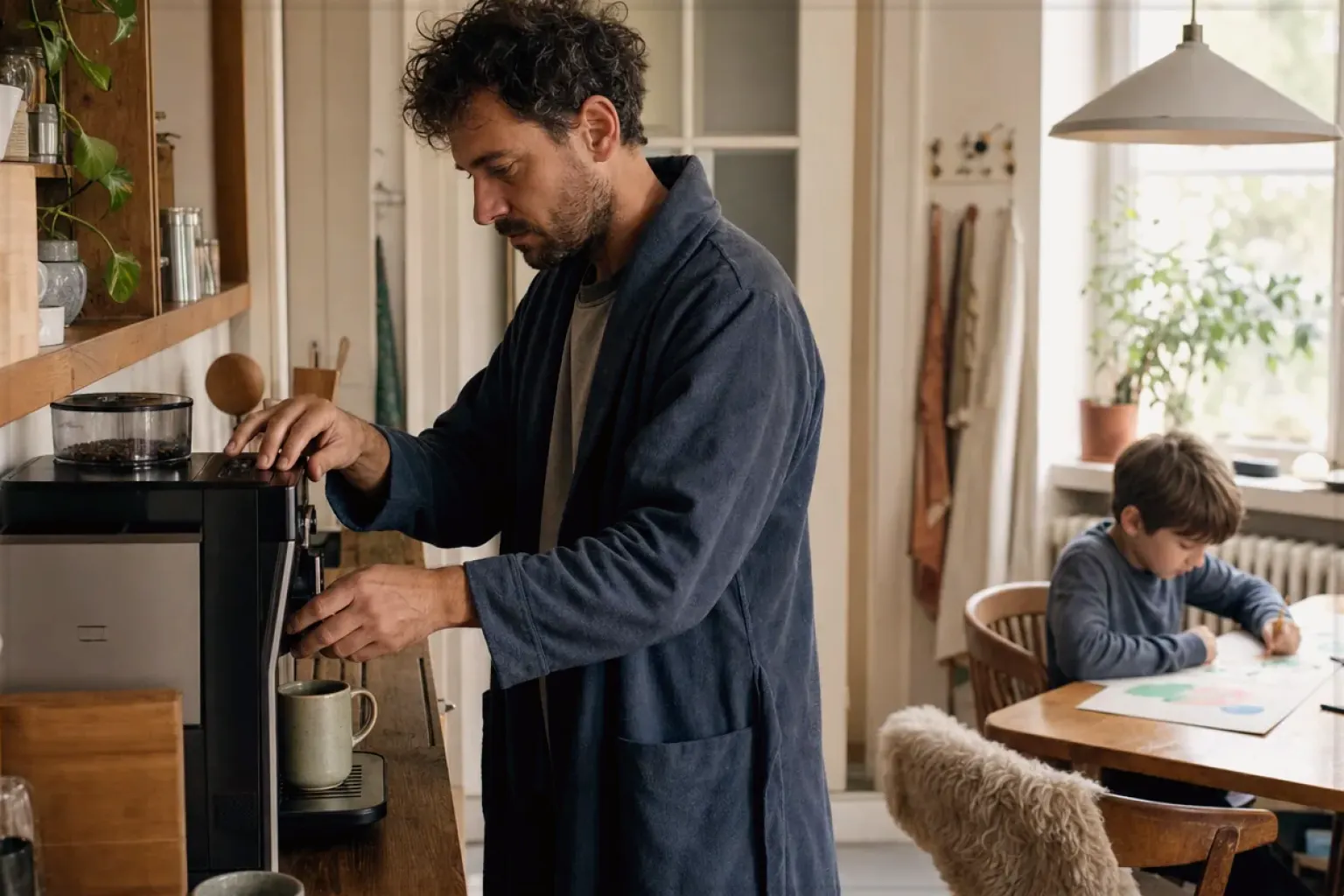Ein Vater bereitet morgens Kaffee zu, während sein Kind am Küchentisch malt – gezeigt für AeroPress im Themenvergleich.