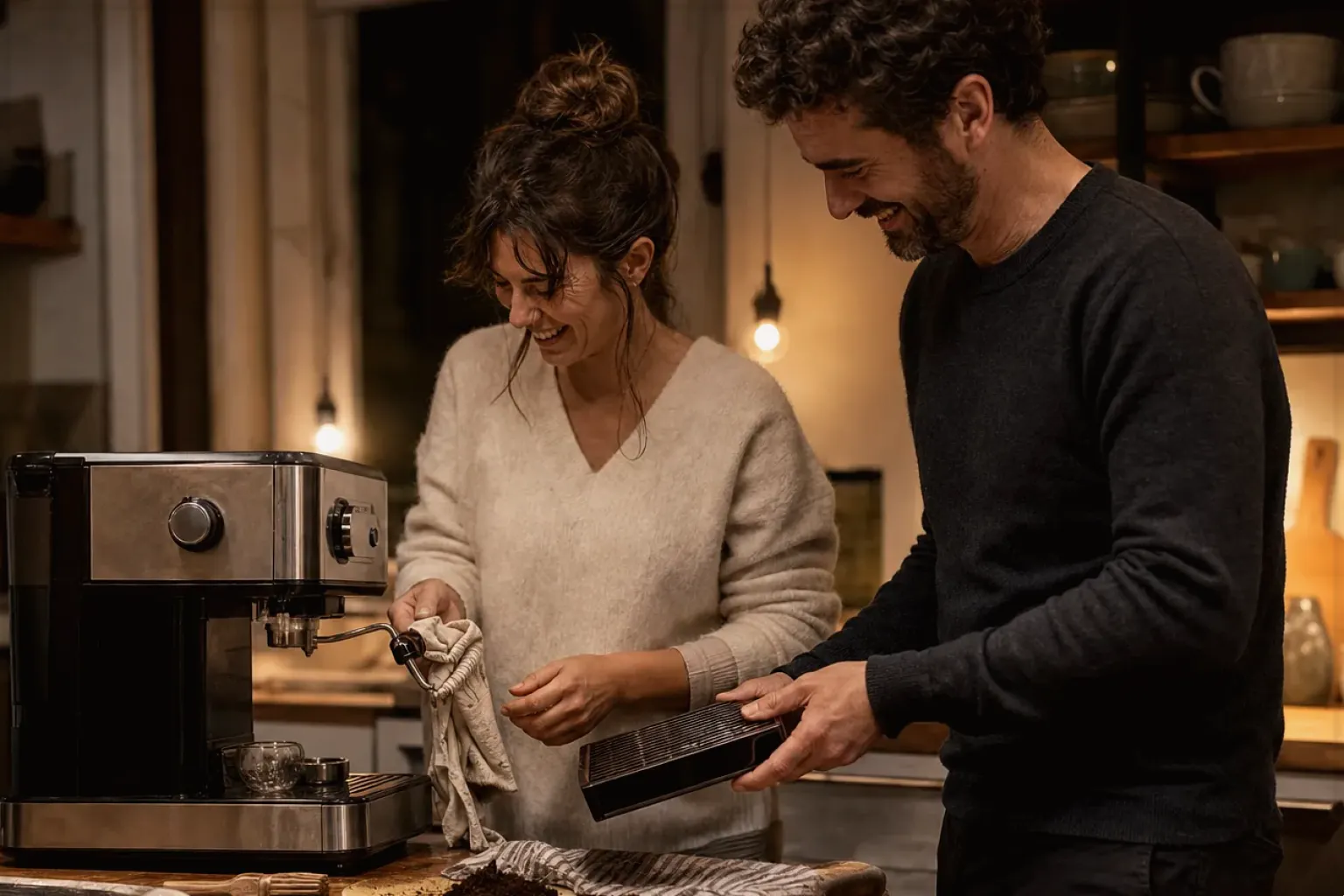 Ein Paar reinigt am Abend gemeinsam und gut gelaunt seine Espressomaschine in der Küche – gezeigt für AeroPress im Themenvergleich.