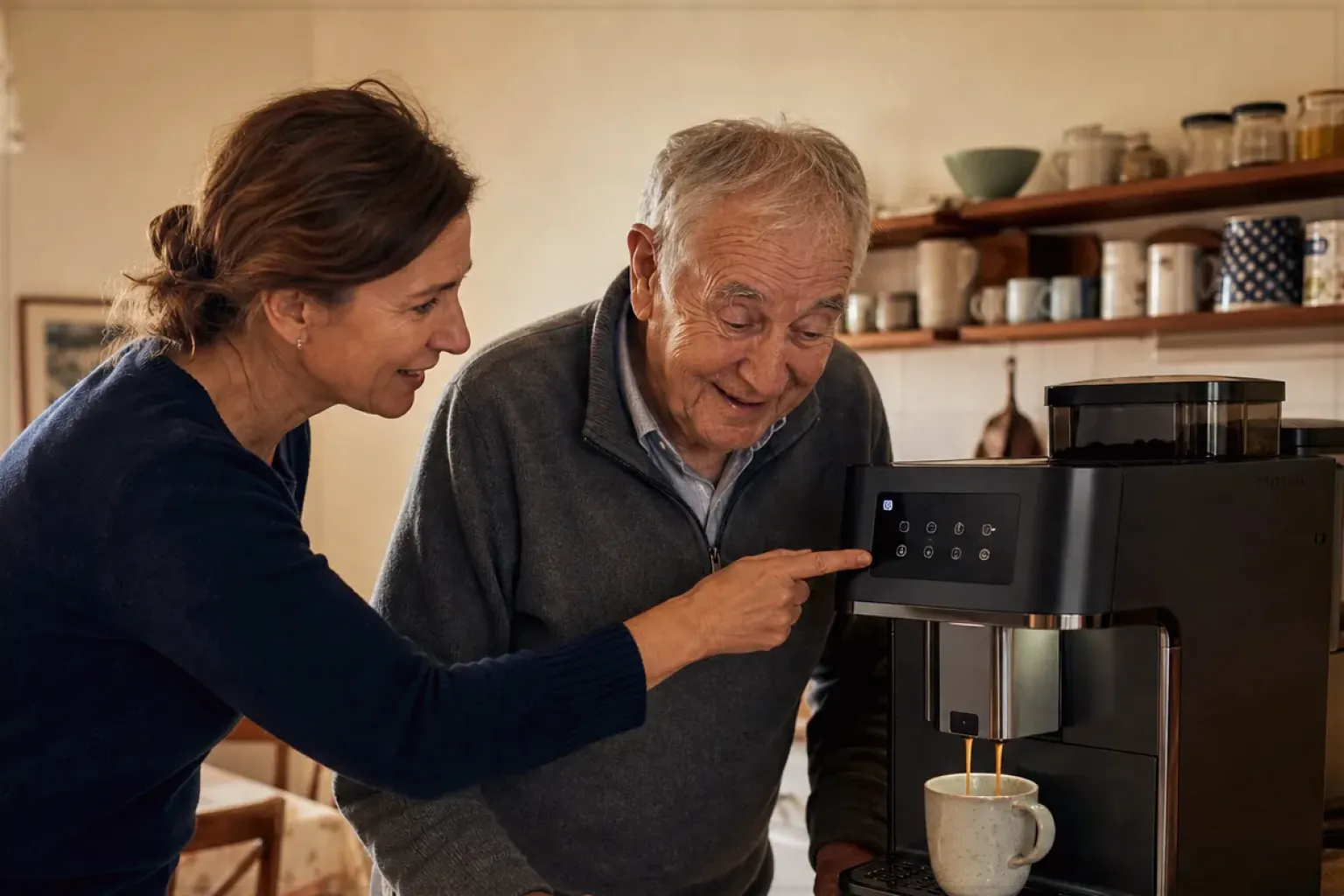 Eine erwachsene Tochter erklärt ihrem Vater verständlich die Bedienung eines Kaffeevollautomaten.