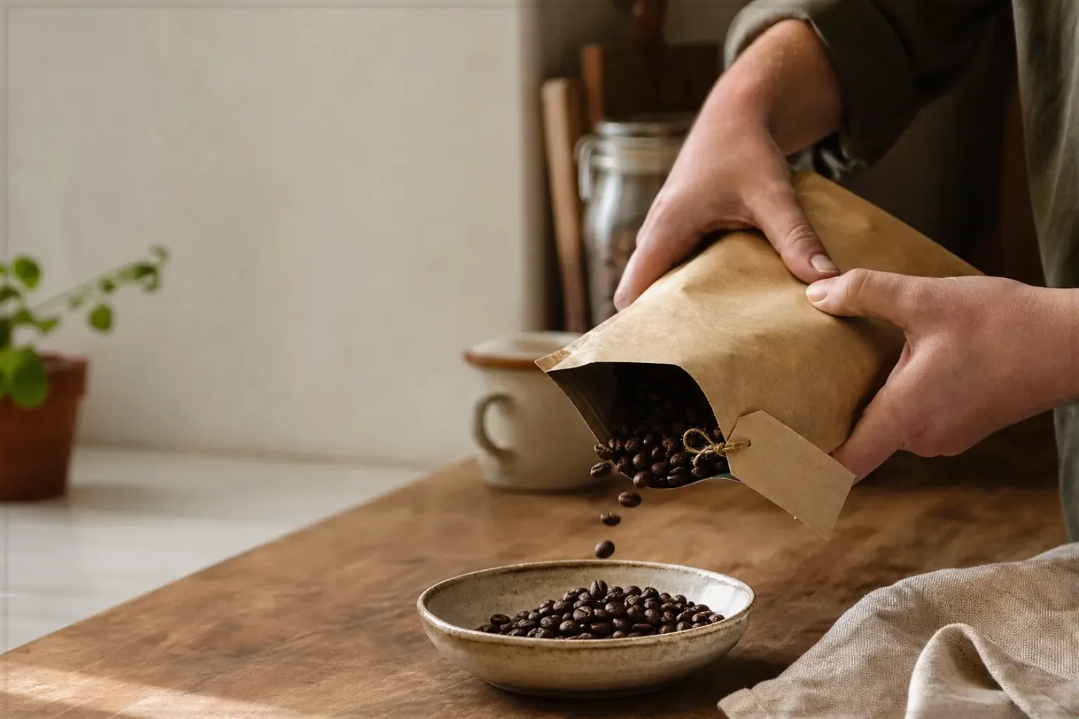 Hände füllen frisch geröstete Kaffeebohnen aus einer Papiertüte in eine Keramikschale – gezeigt für Barista-Waagen im Themenvergleich.