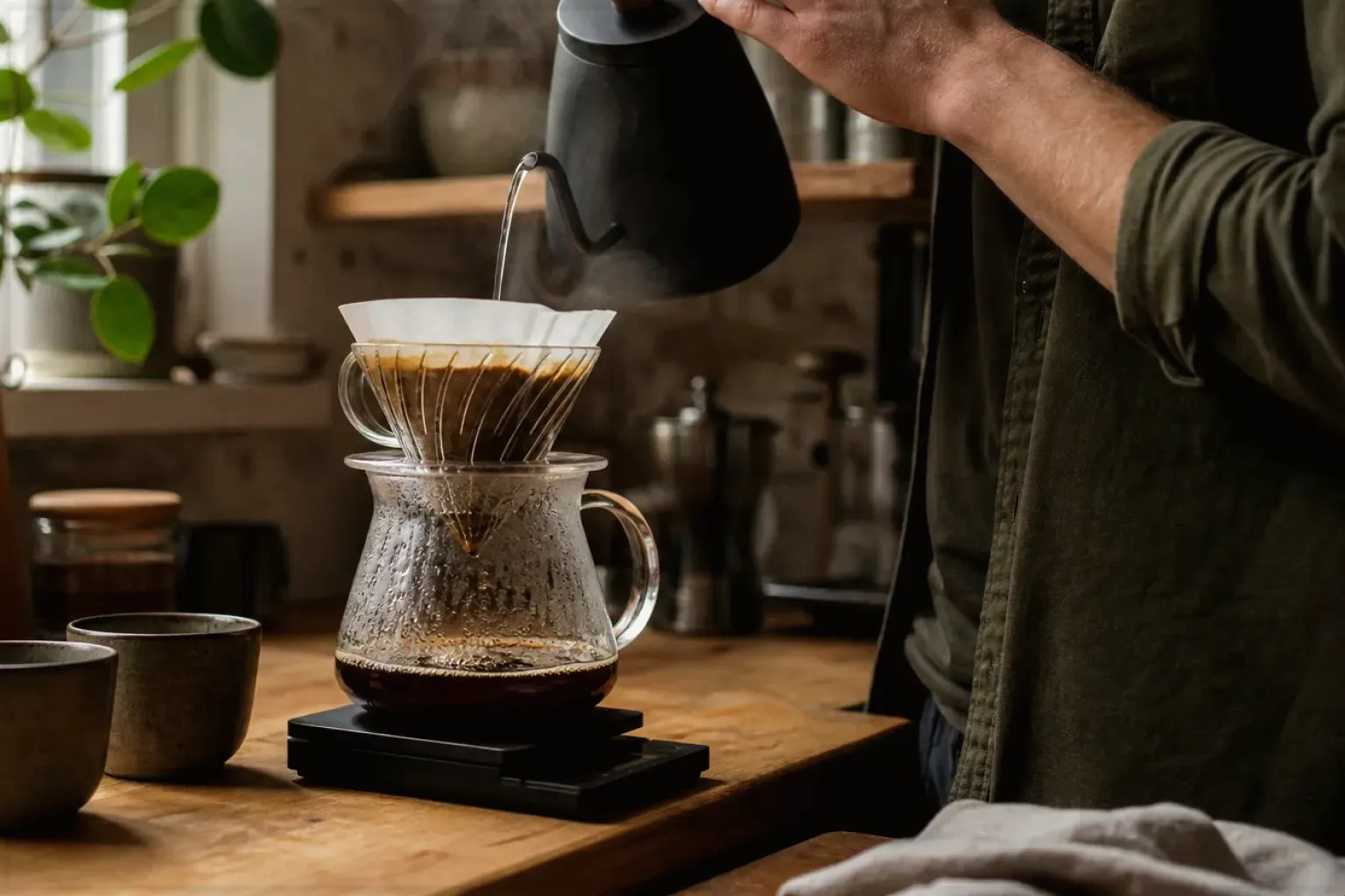 Filterkaffee wird mit einem Schwanenhalskessel von Hand in einer Küche aufgegossen – gezeigt für Barista-Waagen im Themenvergleich.