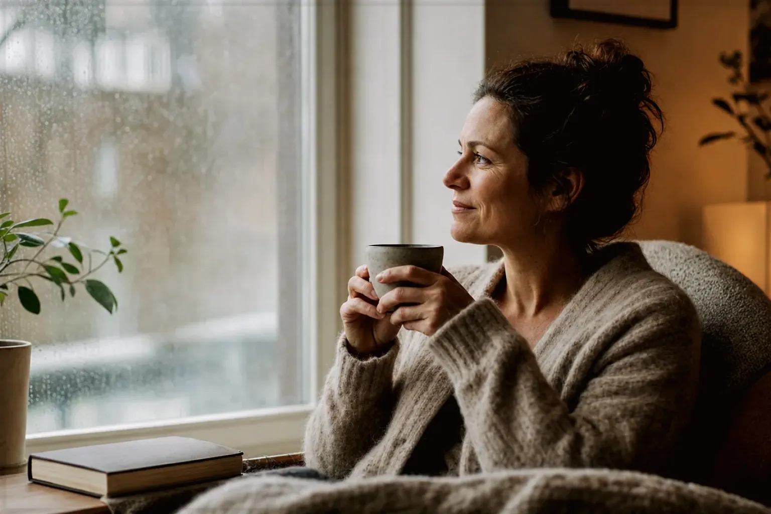 Eine Frau genießt an einem regnerischen Nachmittag ruhig eine Tasse Kaffee am Fenster – gezeigt für Barista-Waagen im Themenvergleich.