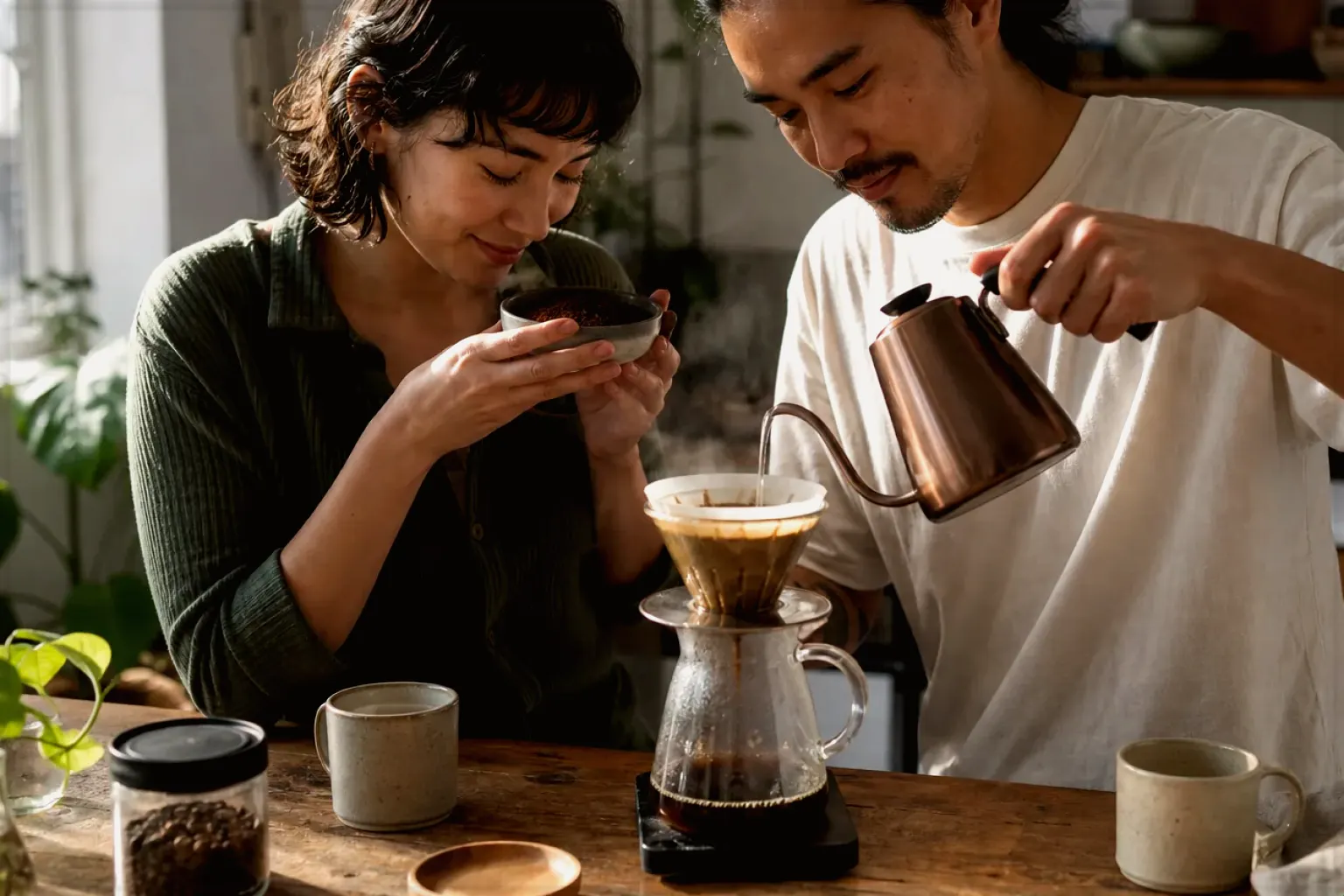 Zwei Menschen bereiten am Wochenende gemeinsam Filterkaffee mit einem Handfilter zu – gezeigt für Barista-Waagen im Themenvergleich.