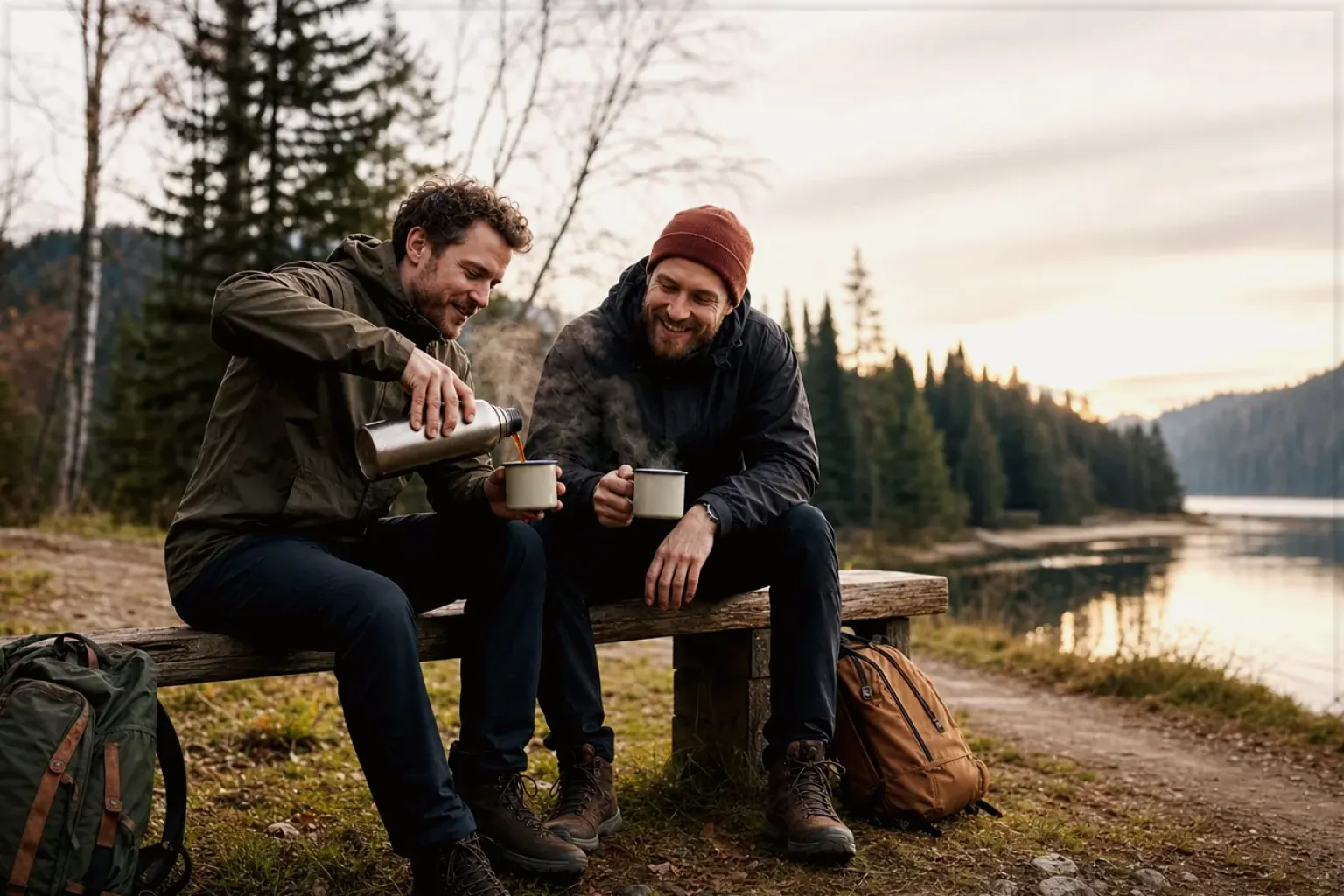 Zwei Freunde teilen auf einer Wanderung heißen Kaffee aus einer Thermoskanne am See – gezeigt für Barista-Waagen im Themenvergleich.