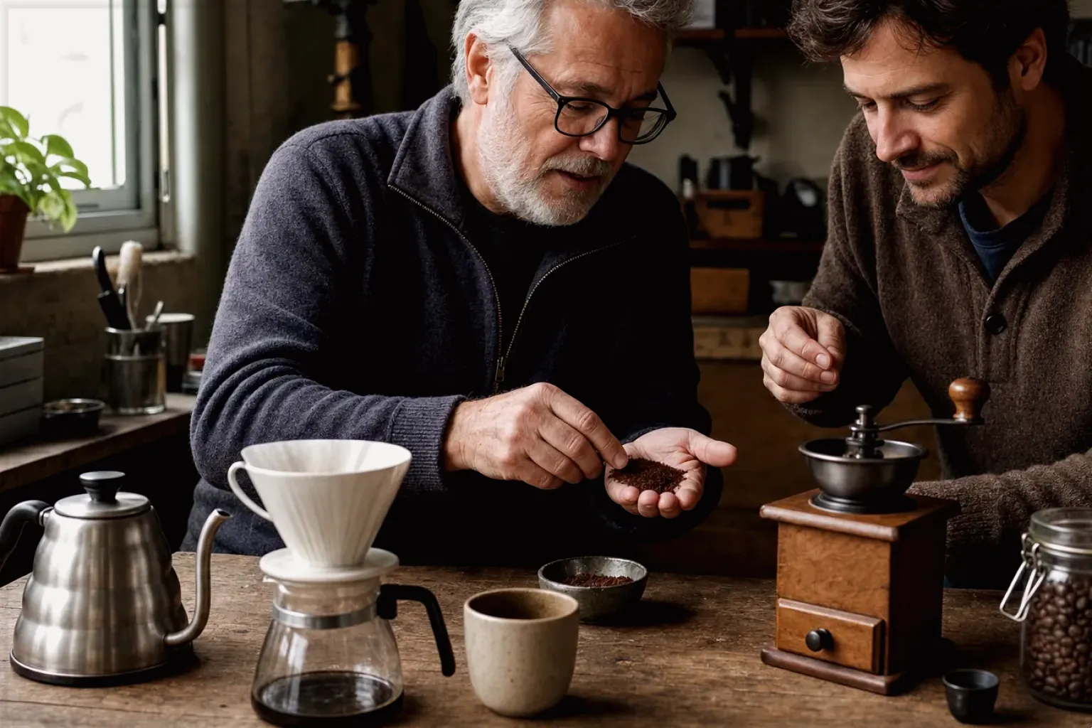 Ein älterer Kaffeeliebhaber zeigt einem jüngeren Erwachsenen gemahlenen Kaffee neben Handmühle und Filter – gezeigt für Barista-Waagen im Themenvergleich.