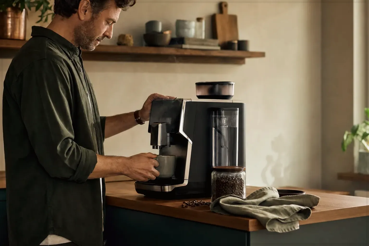 Ein Mann bereitet morgens Kaffee in seiner Küche zu – gezeigt für Barista-Waagen im Themenvergleich.