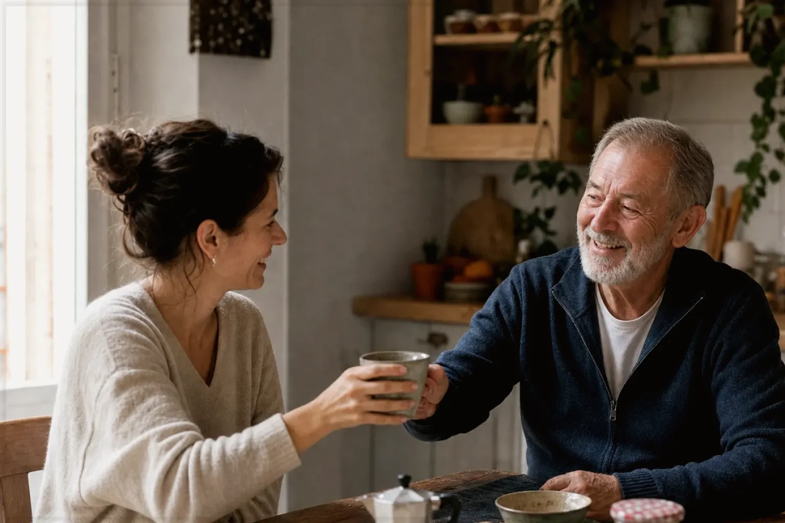 Eine erwachsene Tochter und ihr älterer Vater lachen gemeinsam beim Kaffee in ihrer Küche – gezeigt für Barista-Waagen im Themenvergleich.