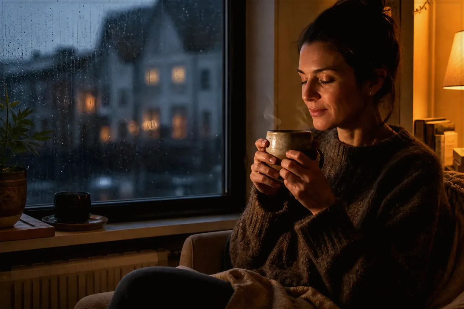 Eine Frau genießt an einem regnerischen Abend ruhig eine warme Tasse Kaffee am Fenster – gezeigt für Barista-Waagen im Themenvergleich.