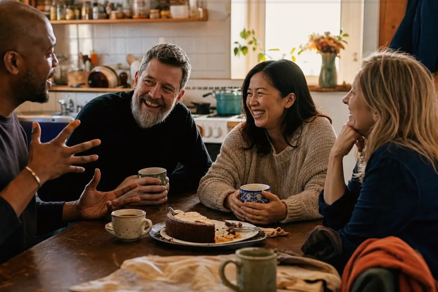 Vier erwachsene Freunde lachen gemeinsam bei Kaffee und selbst gebackenem Kuchen – gezeigt für Barista-Waagen im Themenvergleich.
