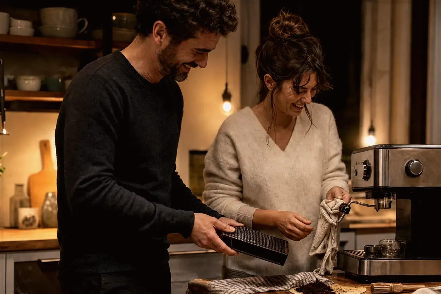 Ein Paar reinigt am Abend gemeinsam und gut gelaunt seine Espressomaschine in der Küche – gezeigt für Barista-Waagen im Themenvergleich.