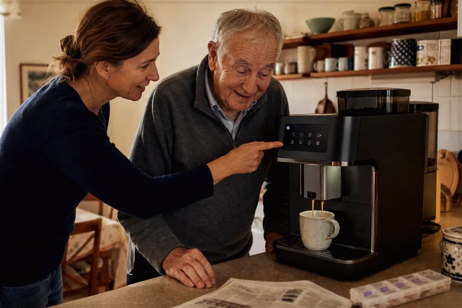 Eine erwachsene Tochter erklärt ihrem Vater verständlich die Bedienung eines Kaffeevollautomaten.