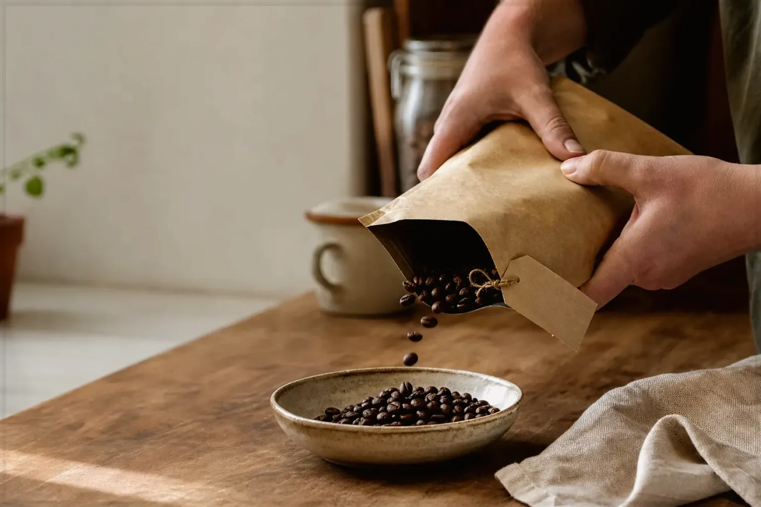 Hände füllen frisch geröstete Kaffeebohnen aus einer Papiertüte in eine Keramikschale – gezeigt für Bio & Fairtrade im Themenvergleich.