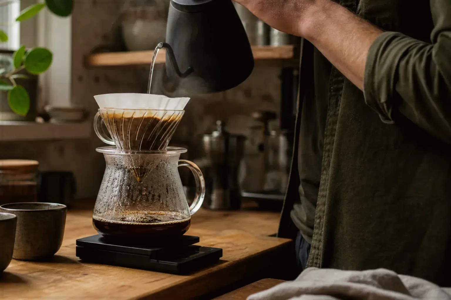 Filterkaffee wird mit einem Schwanenhalskessel von Hand in einer Küche aufgegossen – gezeigt für Bio & Fairtrade im Themenvergleich.