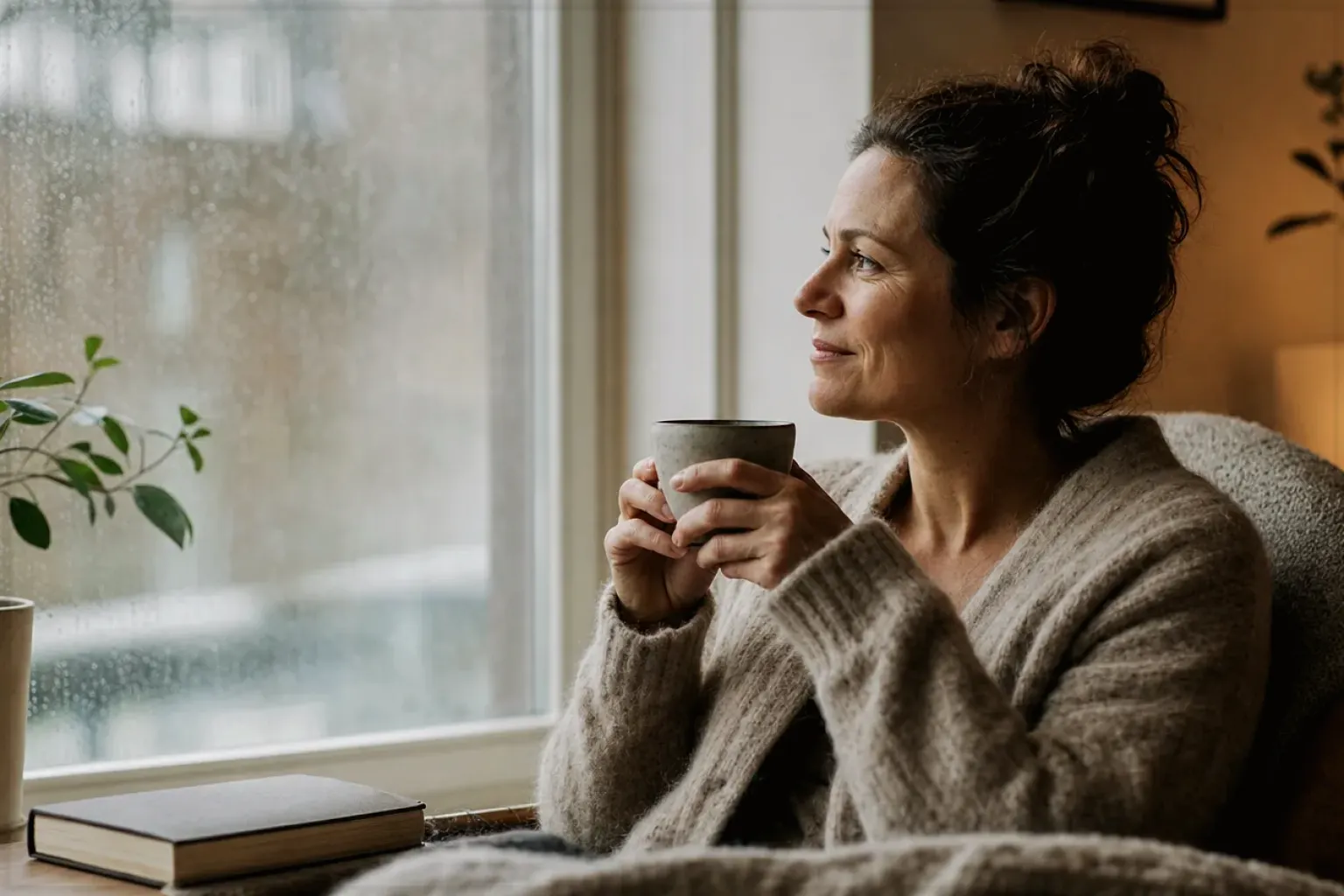 Eine Frau genießt an einem regnerischen Nachmittag ruhig eine Tasse Kaffee am Fenster – gezeigt für Bio & Fairtrade im Themenvergleich.