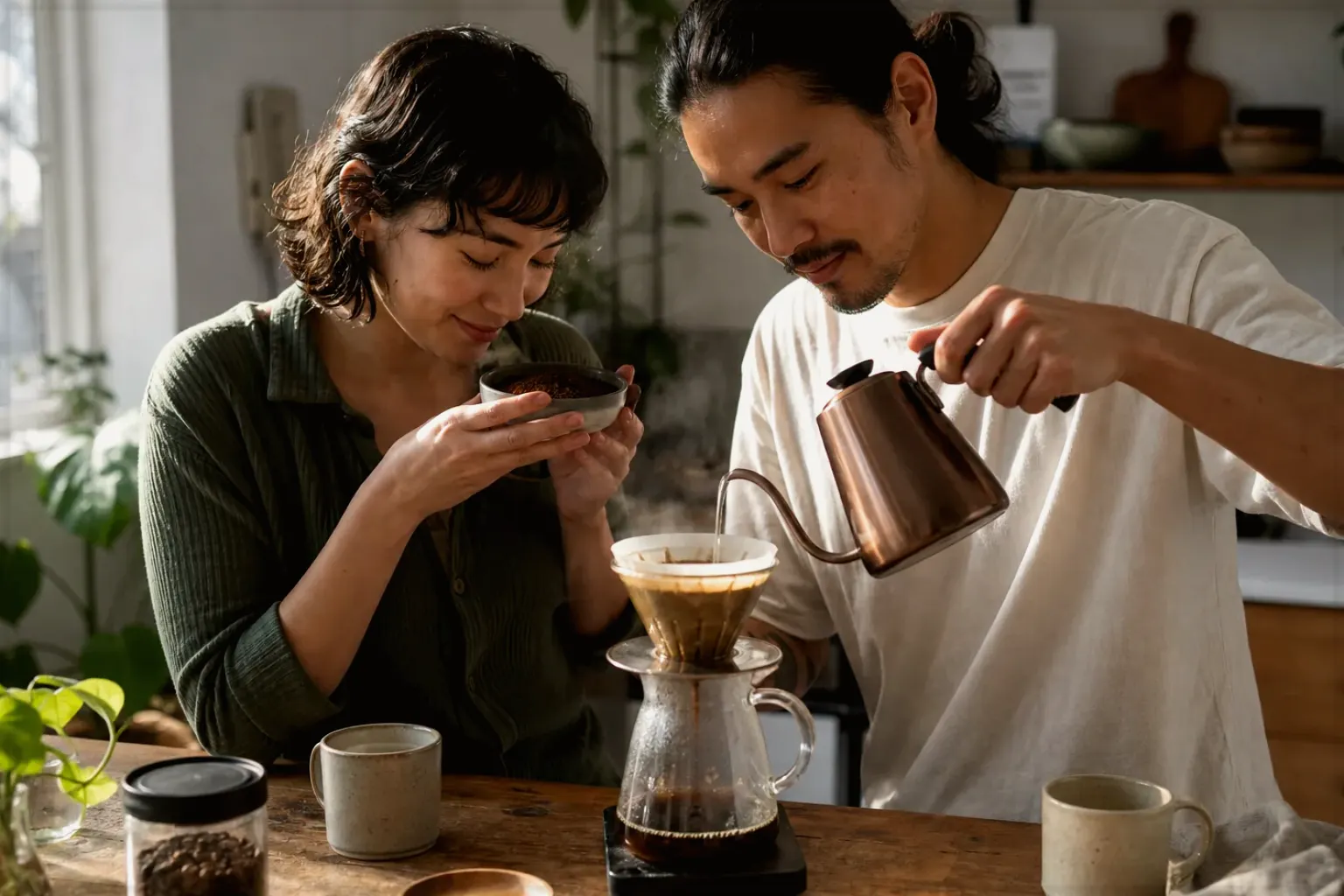 Zwei Menschen bereiten am Wochenende gemeinsam Filterkaffee mit einem Handfilter zu – gezeigt für Bio & Fairtrade im Themenvergleich.