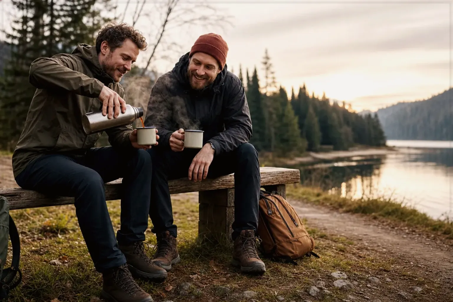 Zwei Freunde teilen auf einer Wanderung heißen Kaffee aus einer Thermoskanne am See – gezeigt für Bio & Fairtrade im Themenvergleich.