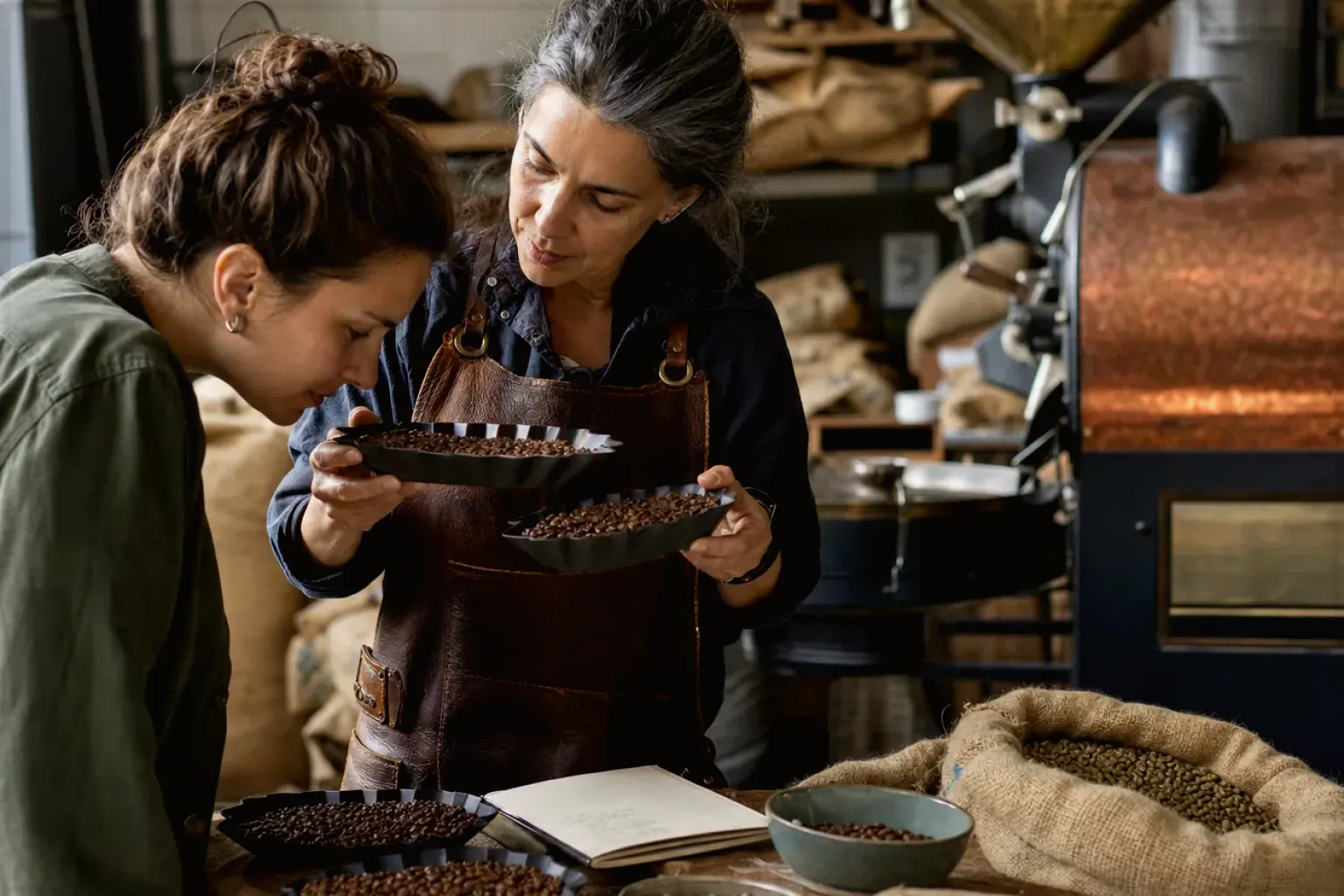 Eine Kaffeerösterin lässt eine Kundin in einer kleinen Rösterei verschiedene frisch geröstete Bohnen riechen – gezeigt für Bio & Fairtrade im Themenvergleich.