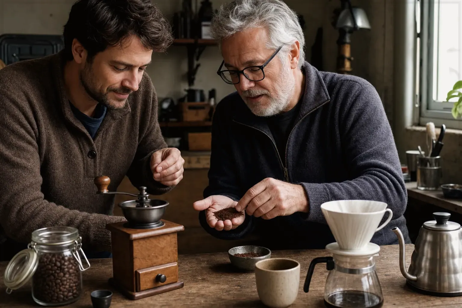 Ein älterer Kaffeeliebhaber zeigt einem jüngeren Erwachsenen gemahlenen Kaffee neben Handmühle und Filter – gezeigt für Bio & Fairtrade im Themenvergleich.