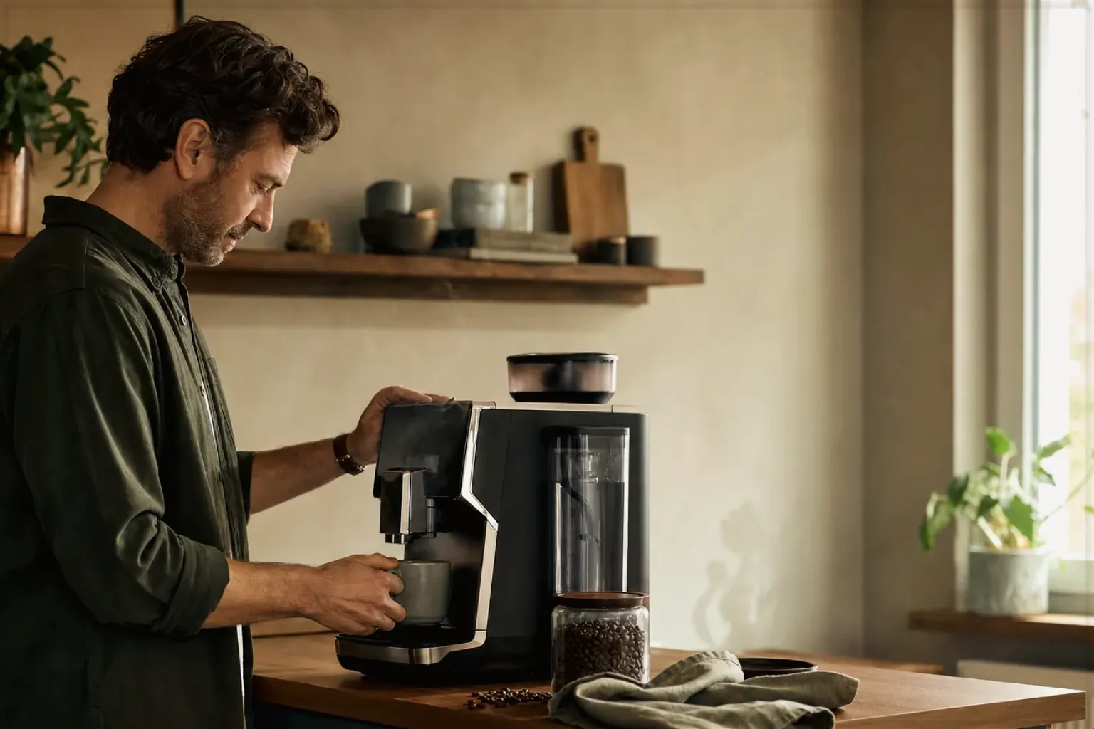 Ein Mann bereitet morgens Kaffee in seiner Küche zu – gezeigt für Bio & Fairtrade im Themenvergleich.