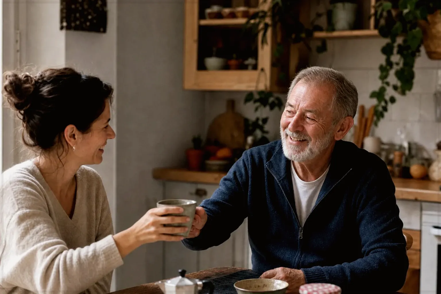 Eine erwachsene Tochter und ihr älterer Vater lachen gemeinsam beim Kaffee in ihrer Küche – gezeigt für Bio & Fairtrade im Themenvergleich.