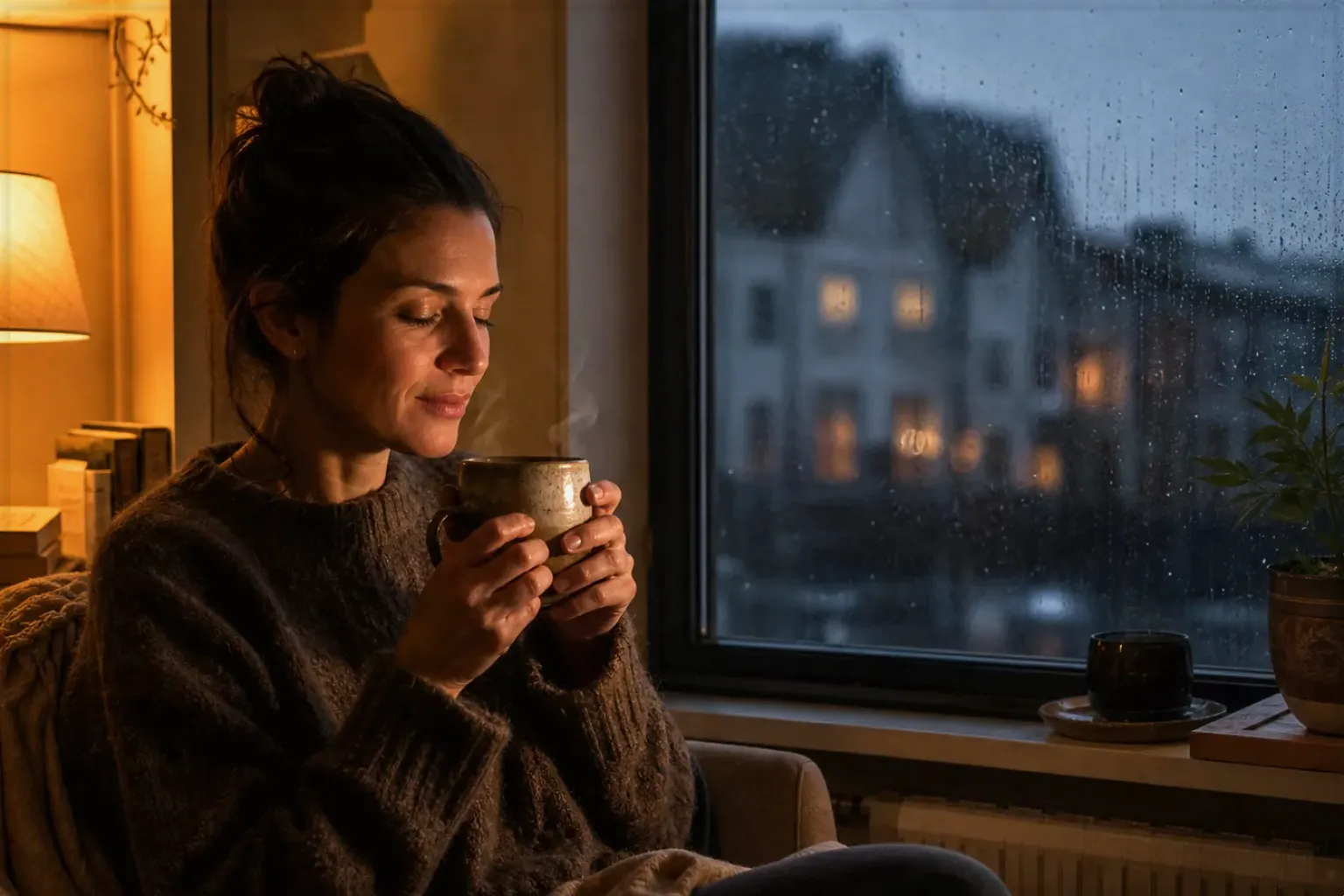 Eine Frau genießt an einem regnerischen Abend ruhig eine warme Tasse Kaffee am Fenster – gezeigt für Bio & Fairtrade im Themenvergleich.