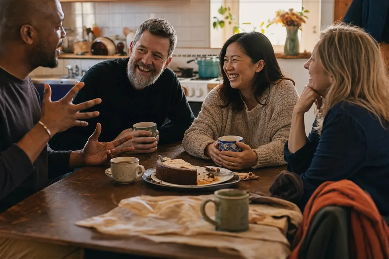 Vier erwachsene Freunde lachen gemeinsam bei Kaffee und selbst gebackenem Kuchen – gezeigt für Bio & Fairtrade im Themenvergleich.