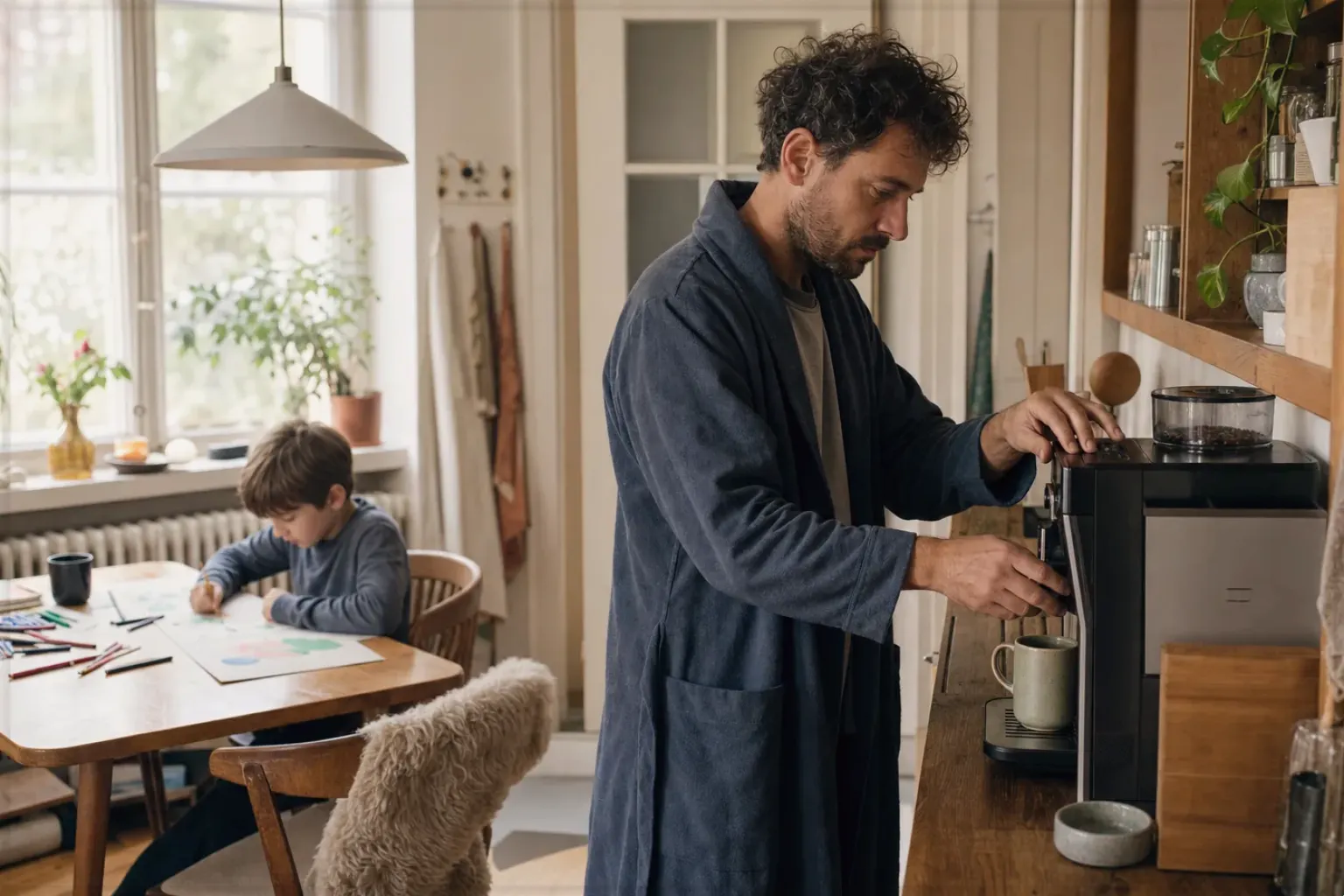 Ein Vater bereitet morgens Kaffee zu, während sein Kind am Küchentisch malt – gezeigt für Bio & Fairtrade im Themenvergleich.