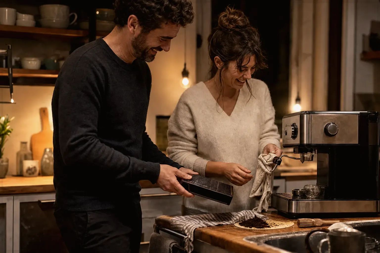 Ein Paar reinigt am Abend gemeinsam und gut gelaunt seine Espressomaschine in der Küche – gezeigt für Bio & Fairtrade im Themenvergleich.