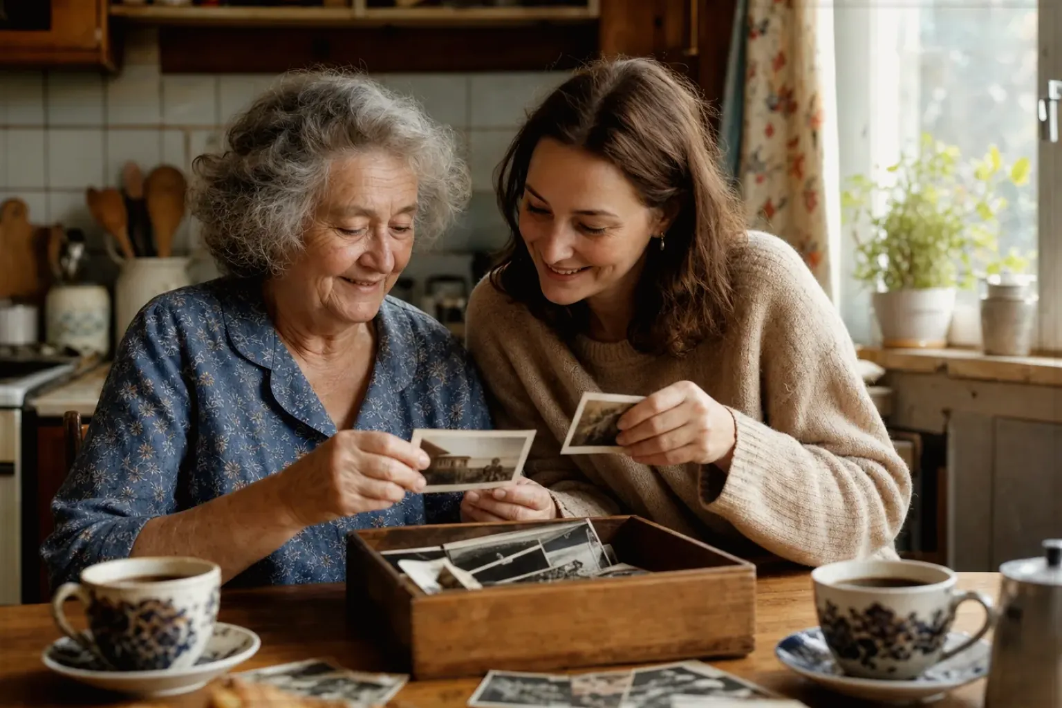 Eine ältere Frau und ihre erwachsene Enkelin betrachten bei Kaffee gemeinsam alte Familienfotos – gezeigt für Bio & Fairtrade im Themenvergleich.