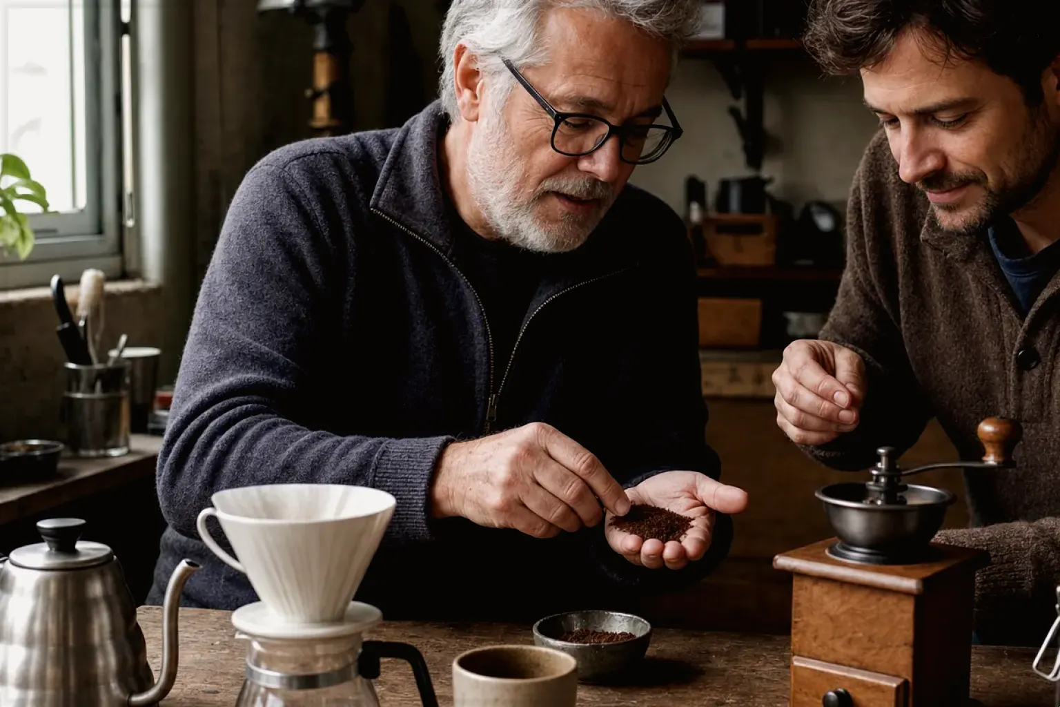 Ein erfahrener Kaffeeliebhaber erklärt einem jüngeren Erwachsenen Mahlgrad und Kaffeetextur.